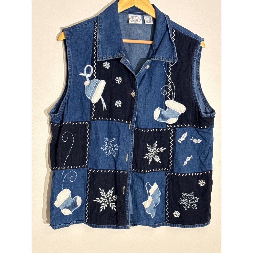 Carolina Blues Plus Winter Patchwork Denim Vest Womens Size 18/20 Embroidered